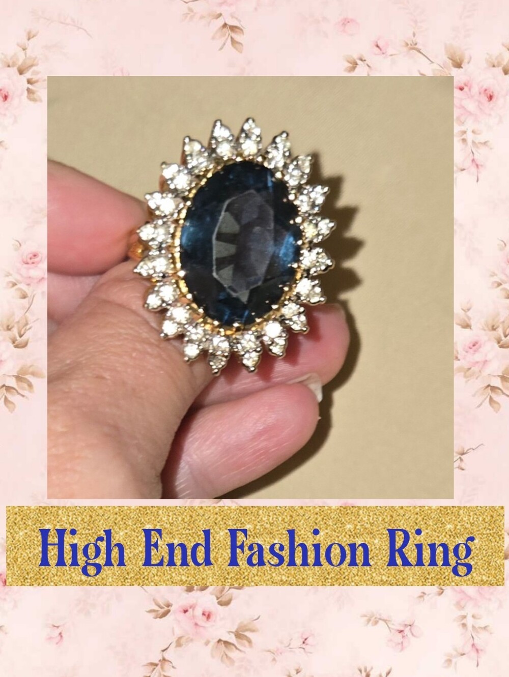 Gold-Tone Ring with Deep Blue Center Stone and Clear Halo Sz 8